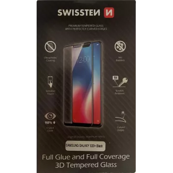 Protector de pantalla de cristal templado SWISSTEN para Samsung Galaxy S20+ — pegado 3D completo, ultra resistente, negro