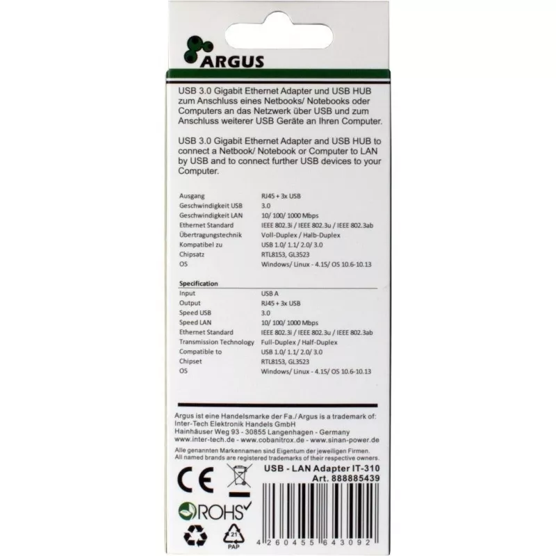Inter-Tech Argus IT-310 - hub - 3 x SuperSpeed USB 3.0 + 1 x 10/100/1000 - sobremesa (88885439)
