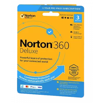 Norton 360 Deluxe | 3 dispositivos | 1 año | 25 GB de almacenamiento en la nube | EU