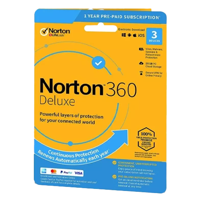 Norton 360 Deluxe | 3 dispositivos | 1 año | 25 GB de almacenamiento en la nube | EU