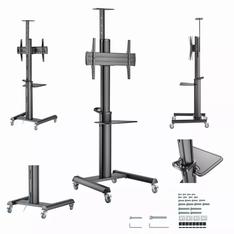 Soporte de TV de suelo Gembird TVS-70T-02 para pantallas de 37 inch-70 inch, máx. 70 kg, VESA 200x200-600x400, inclinable ±5°/-12°, altura ajustable, ruedas, gestión de cables
