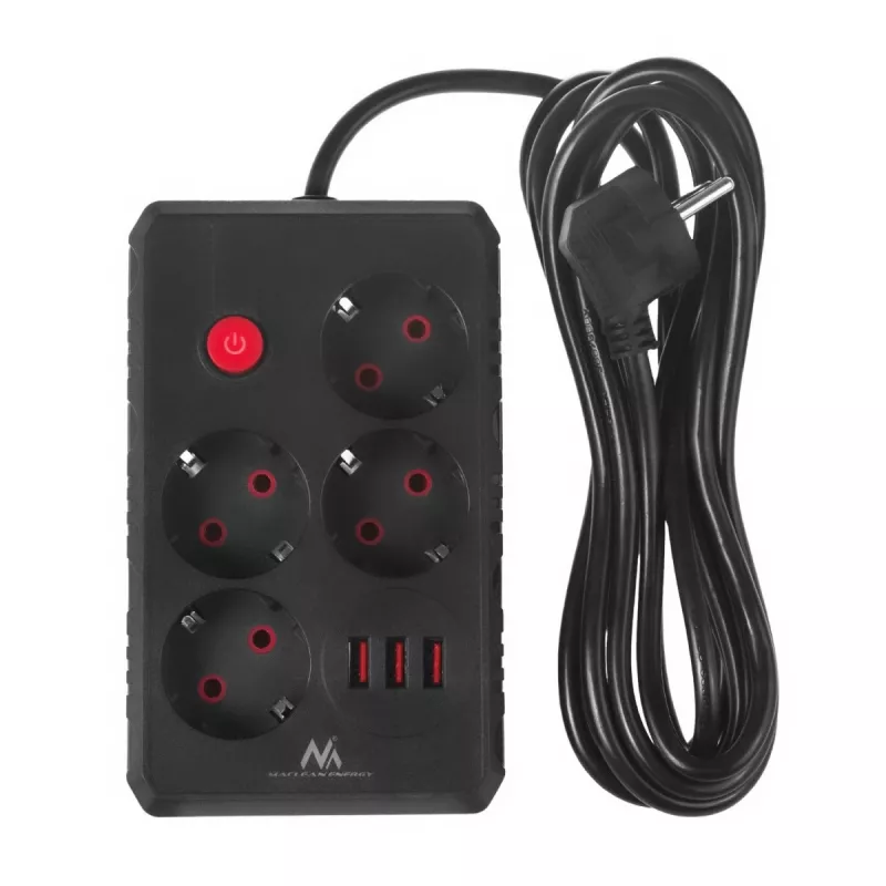 Regleta MACLEAN MCE393 B — 4 tomas de corriente, 3×USB, 110–240 V, 2500 W, cable de 3 m, negra
