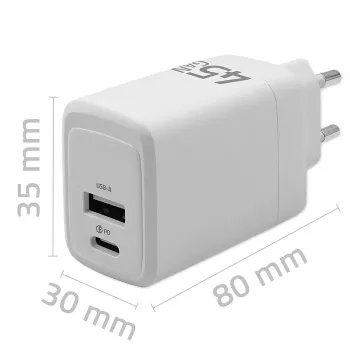 Cargador GaN 45W 5V 20V 1,5A 3A, 1x USB-C PD, 1x USB-A