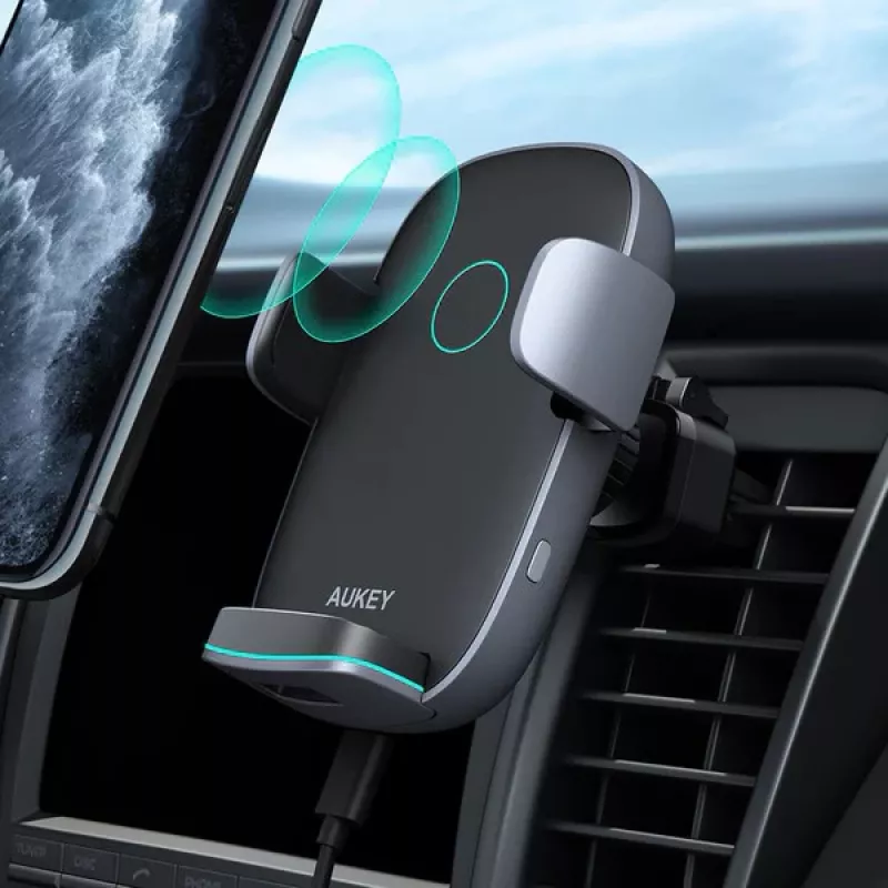 Soporte de carga inalámbrica para coche Aukey HD-C52 — soporte para coche compatible con Qi con ángulo ajustable y función de carga inalámbrica