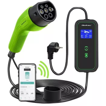 Cargador de coche EV móvil Qoltec ajustable 2en1 Type2 | 3.5kW | 230V | Wi-Fi | LCD | portátil | wallbox | 5m