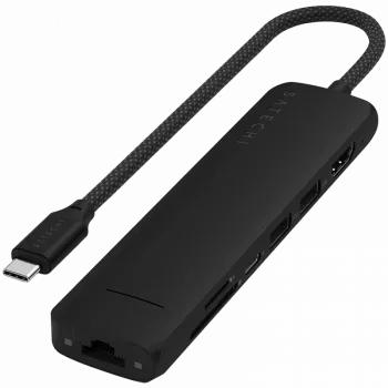 Adaptador multipuerto Satechi 7 en 1 USB-C Slim Ethernet (USB-C PD, 2x USB-A, HDMI 4K, Ethernet, lector de tarjetas micro/SD) (negro)