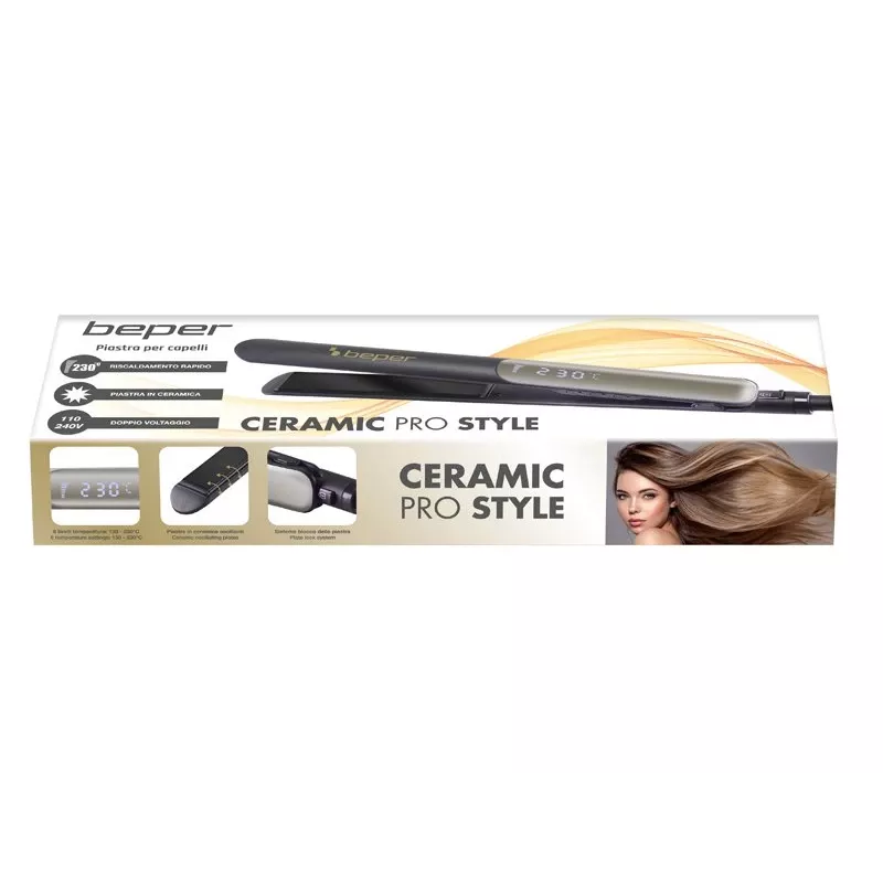 Beper P301PIS200 plancha de pelo, placas cerámicas, 130-230°C, 6 ajustes de temperatura, negro/gris