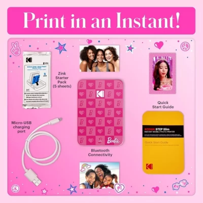 Barbie x Kodak STEP Slim impresora fotográfica móvil instantánea Colour ZINK 2x3'' 1 ppm, Bluetooth, rosa