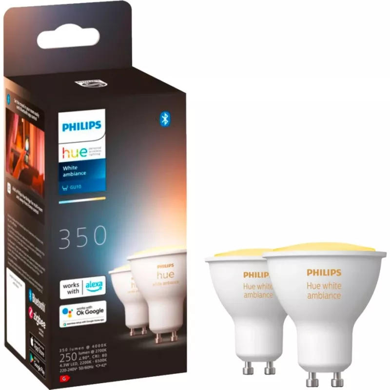 Pack doble de lámparas LED GU10 con Hue Bridge – Philips Hue White Ambiance, sustituye 35W
