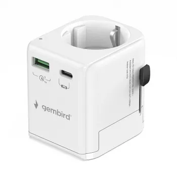 Fuente de alimentación de viaje GEMBIRD TPA-EU1A1C20-01-W 20W, USB-A 18W + USB-C 20W, toma Schuko, entrada 100–250 V