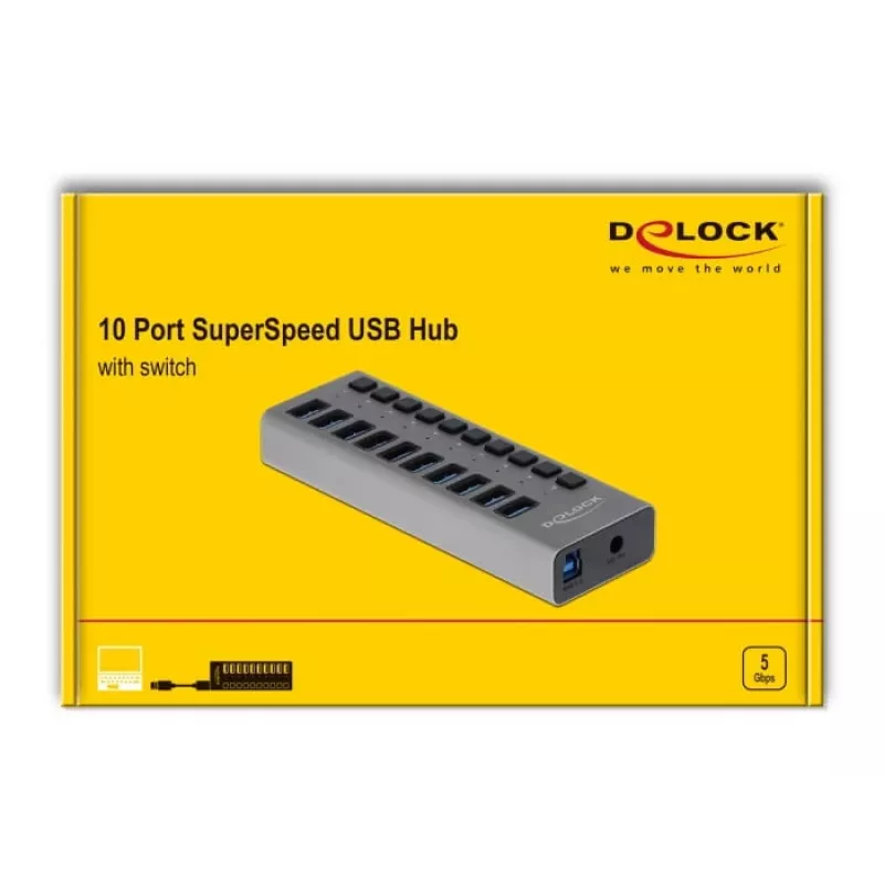 Hub USB externo DeLOCK de 5 Gbps con 10 puertos + interruptor