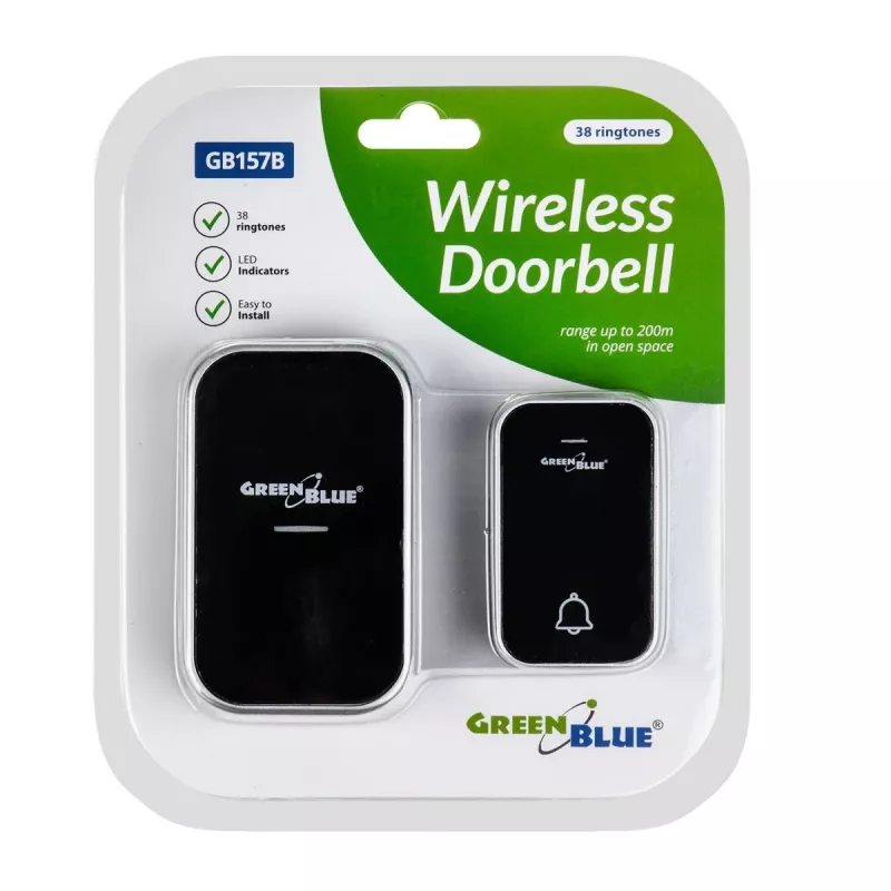 Timbre inalámbrico sin pilas GreenBlue GB157B Kinetic, melodías, Negro, alcance hasta 200m, IP44
