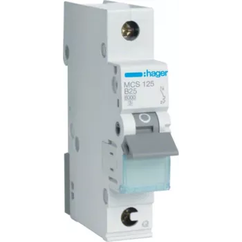 Hager MCS125. Corriente nominal: 25 A. Tipo: característica C, número de módulos (máx.): 1 módulo(s). Anchura: 17,5 mm, profundidad: 70 mm, altura: 83,4 mm (MCS125)