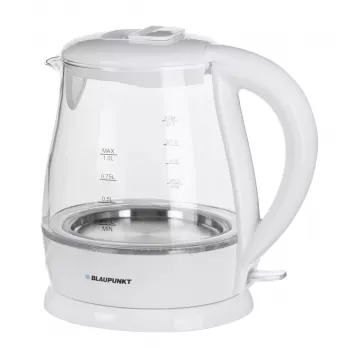 Hervidor eléctrico BLAUPUNKT 1 L 1630 W blanco — cuerpo de cristal, base 360°, apertura por botón