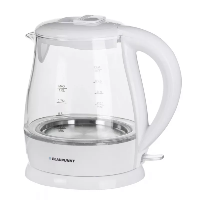 Hervidor eléctrico BLAUPUNKT 1 L 1630 W blanco — cuerpo de cristal, base 360°, apertura por botón