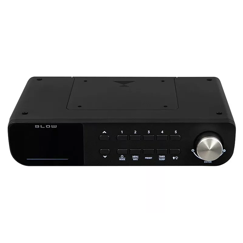 Radio de cocina portátil FM/DAB+ BLOW RK1 — compacta negra, funciona con pilas o red eléctrica