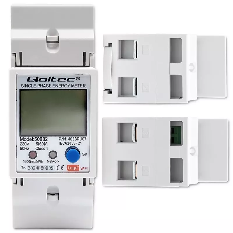 Qoltec 50882 Contador electrónico monofásico de consumo de energía para carril DIN | Wi-Fi | TUYA | 230V | LCD
