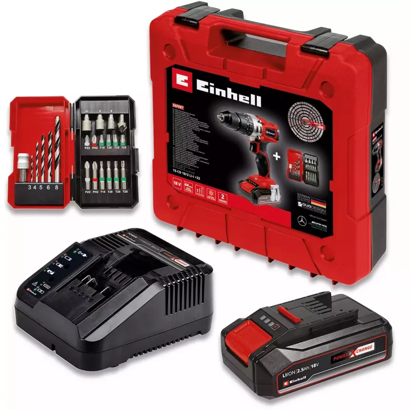 Einhell TE-CD 18/2 Li-i +22 taladro atornillador de percusión a batería 18 V, 1250 rpm, con batería de 2,5 Ah, cargador y maletín, rojo/negro