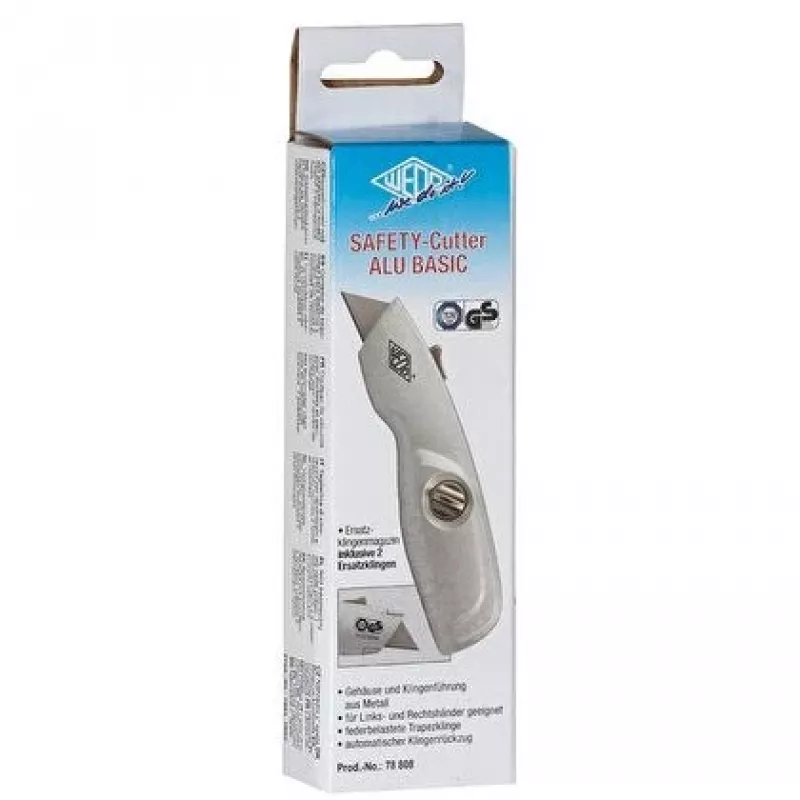 WEDO 78808 Safety-Cutter ALU cúter, hoja trapezoidal, con muelle, retráctil automático, 2 hojas de repuesto, TÜV/GS, plateado