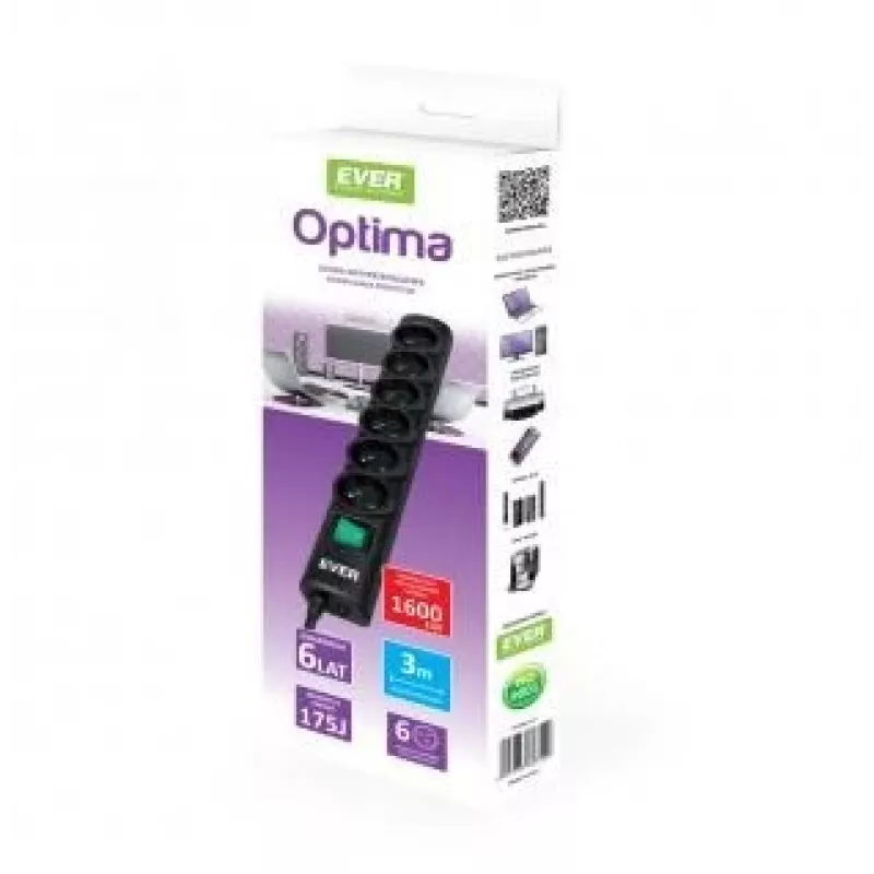 EVER Optima T/LZ08-OPT030/0000 regleta con protección contra sobretensiones, 6 tomas, 3 m, 250 V, protección infantil, interruptor, negra