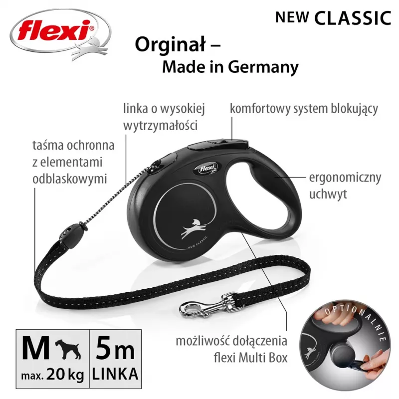 Correa retráctil Flexi Classic 5 m negra para perros medianos, cordón, carga máx. 20 kg, elementos reflectantes