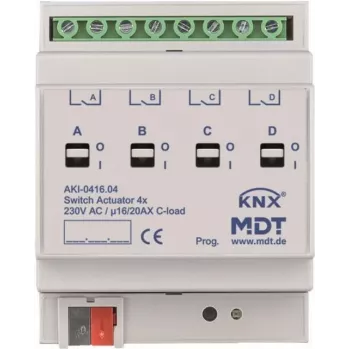 Actuador de conmutación MDT AKI-0416.04 4 canales 4TE REG 16/20A 230VAC carga C industria 200µF (AKI-0416.04)