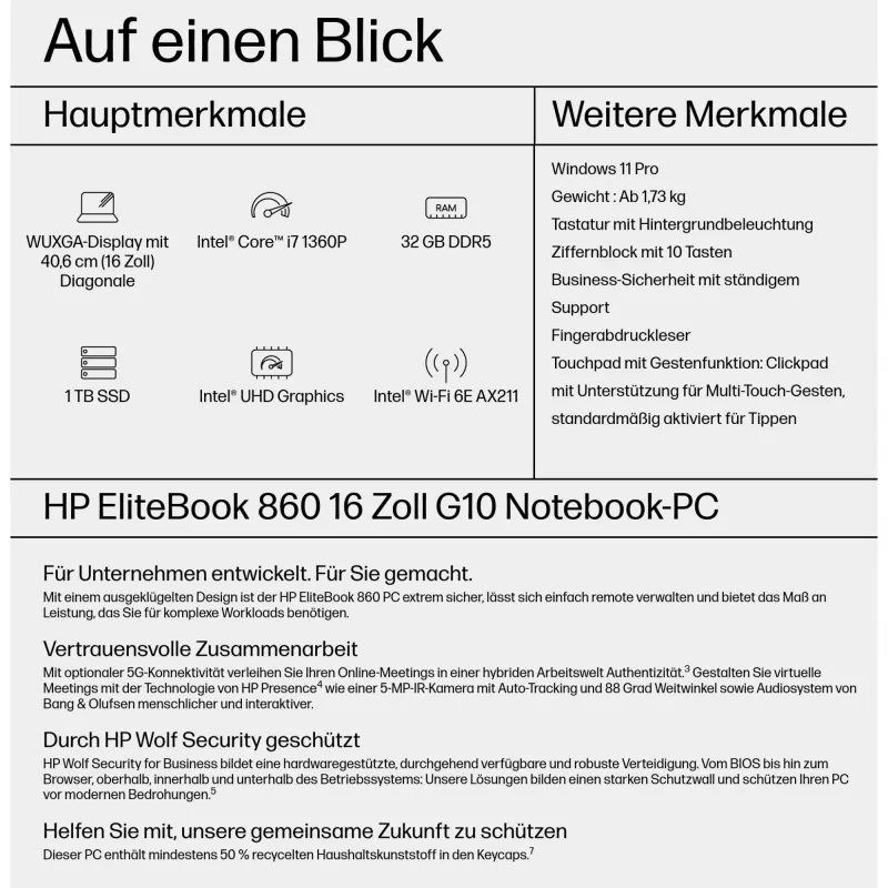 HP EliteBook 860 G10 Portátil - Intel Core i7 1360P / 1,9 GHz - Evo - Win 11 Pro - Tarjeta gráfica Intel Iris Xe - 32 GB RAM - 1 TB SSD NVMe, TLC - 40,64 cm (16)