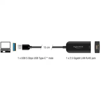 Adaptador DeLOCK 66045 USB 5 Gbps Type-A a 2,5 Gigabit LAN RJ45 negro