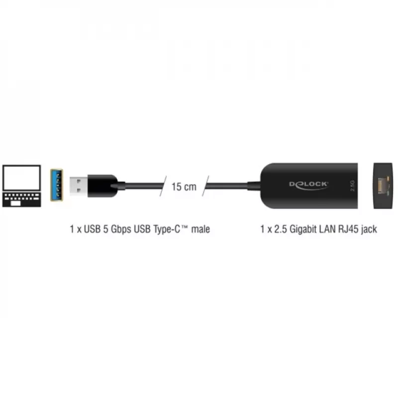 Adaptador DeLOCK 66045 USB 5 Gbps Type-A a 2,5 Gigabit LAN RJ45 negro
