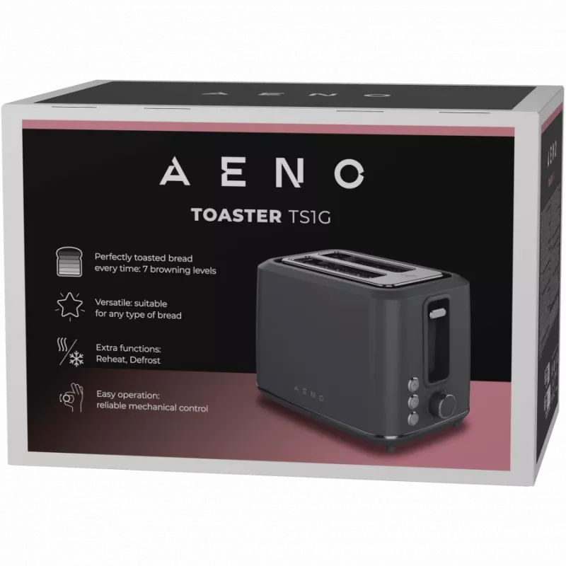 Tostadora eléctrica AENO ATS0001G — 2 ranuras, 220–240 V 50–60 Hz, 920–1080 W, 3 modos, 7 niveles de tostado, gris