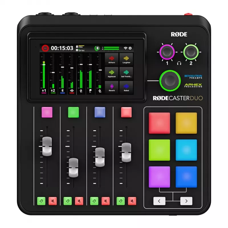 Controlador de estudio RØDE Caster Duo Negro — 2 combo XLR/TRS, 2 salidas de línea TRS, 48 kHz, 24 bits, pantalla táctil, Wi‑Fi, Bluetooth