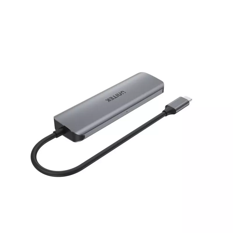Hub USB Unitek P5+ — 5 puertos (4 × USB 3.2 Gen 2 Type-A), host USB 3.2 Gen 1, 5 Gbit/s, 10 W PD, aluminio, gris