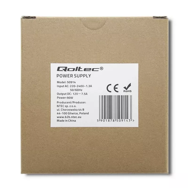 Qoltec 50914 Fuente de alimentación para carril DIN | 90W | 12V | 7,5A | Blanco | perfil bajo
