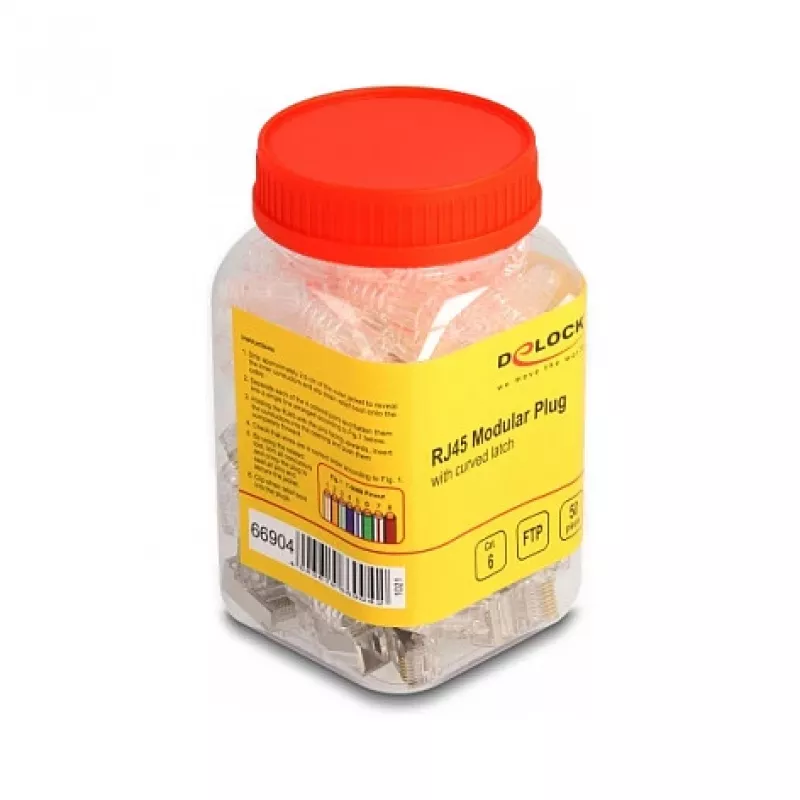 Conector modular RJ45 DeLOCK Cat.6 con protección de lengüeta curvada y protección antiacodamiento, 50 uds.