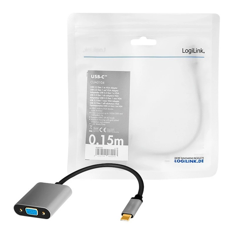 Cable adaptador de vídeo USB Type-C a VGA (D-Sub) LOGILINK CUA0104 0,15 m, gris/negro