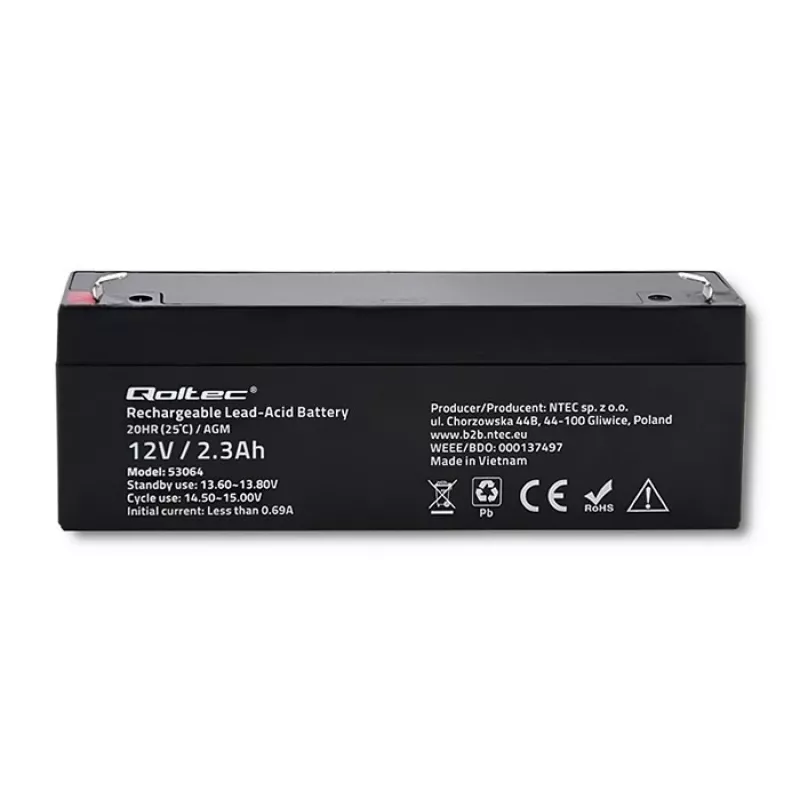 Batería AGM sellada QOLTEC 12V 2,3Ah para sistemas SAI y de respaldo, descarga máx. 34,5A