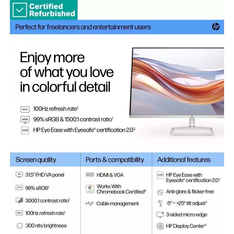 RENEW GOLD HP 532sf Serie 5 Monitor FHD – 31,5 inch 1920x1080 FHD 300 nits 100Hz AG, VA, 2x HDMI/VGA, inclinable, 1 año