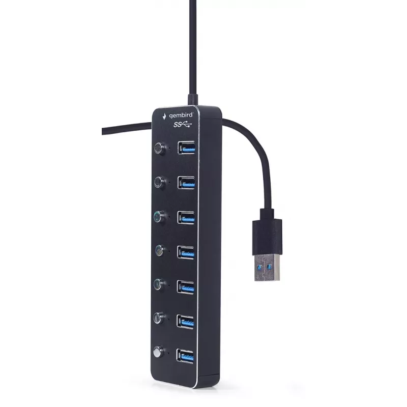 Hub USB Gembird UHB-U3P7P-01, 7 puertos USB 3.2 Gen 1 (Type-A), cable de 0,24 m, negro