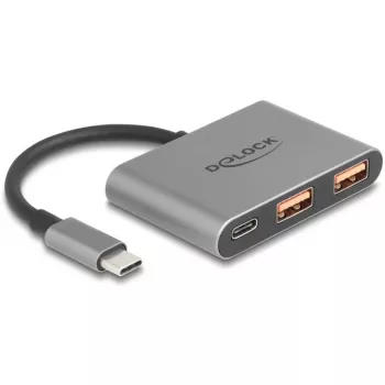 DELOCK 64337 Hub USB — host USB 3.2 Gen 2 Type-C, 3 puertos (Type-C + 2× Type-A), 10 Gbit/s, gris, carcasa de metal