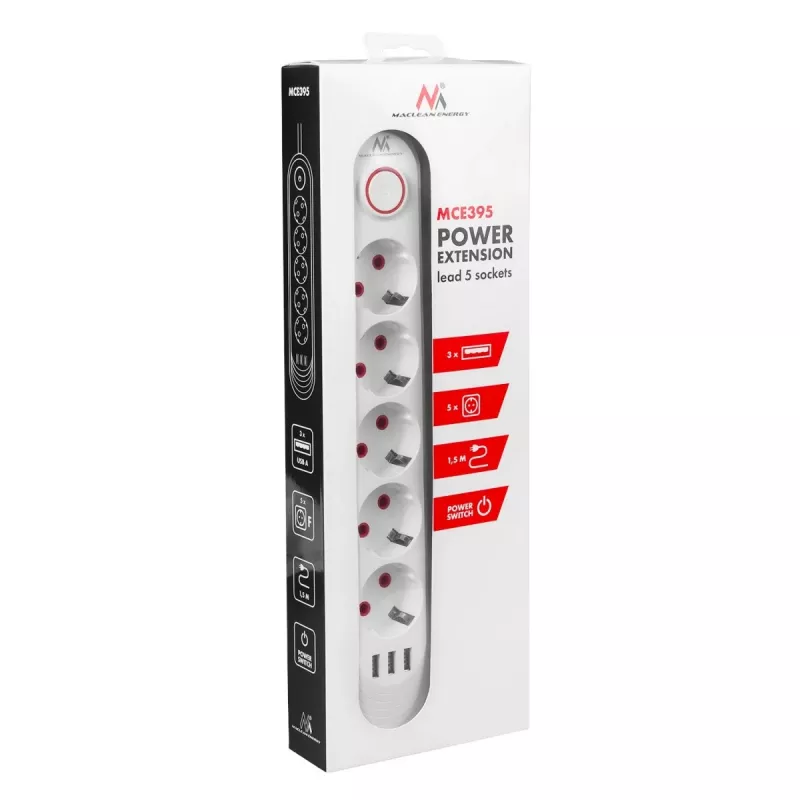 Regleta MACLEAN MCE395 W — 5 tomas de corriente, 3×USB A, 110–240 V AC, 2,1 A USB, máx. 2500 W, blanca, cable de 1,5 m