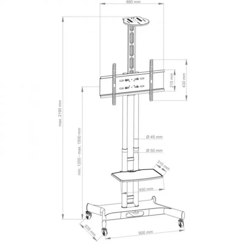 Hagor 8209 HP Twin Stand soporte móvil de suelo para pantallas de 32-55 pulgadas (81-140 cm), 45 kg, regulable en altura, negro