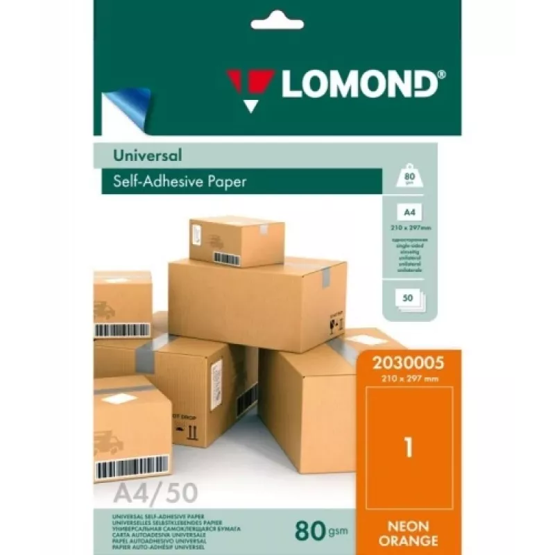 Etiquetas de papel autoadhesivas universales Lomond, 1/210x297, A4, 50 hojas, Naranja neón