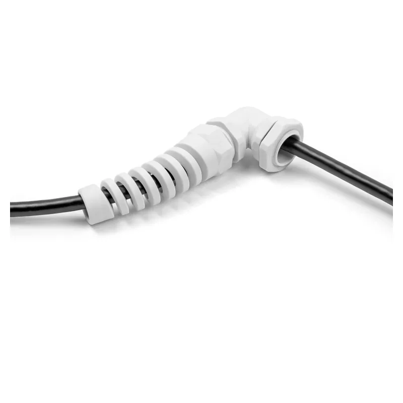 Prensaestopas DeLOCK 90° acodado PG7 gris con alivio de tracción