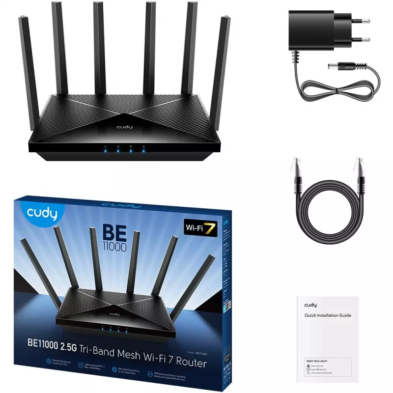 Router de sobremesa Cudy WR11000 — Tri-Band 2,4/5/6 GHz, Wi-Fi 7, 4× 2,5 Gigabit LAN, 5765 Mbit/s por banda de 6 GHz, 512 MB RAM