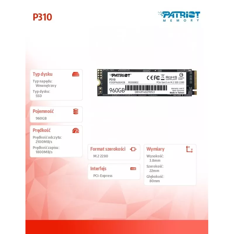 Patriot P310 960 GB M.2 2280 NVMe unidad SSD, PCIe 3.0 x4