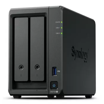NAS Synology DiskStation DS725+ 2-Bay Ryzen R1600 4GB DDR4 ECC, 2.5GbE, 2x M.2, compatibilidad RAID, 0TB, negro