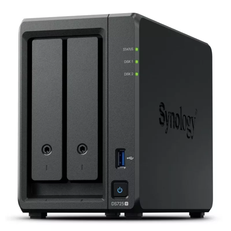 NAS Synology DiskStation DS725+ 2-Bay Ryzen R1600 4GB DDR4 ECC, 2.5GbE, 2x M.2, compatibilidad RAID, 0TB, negro