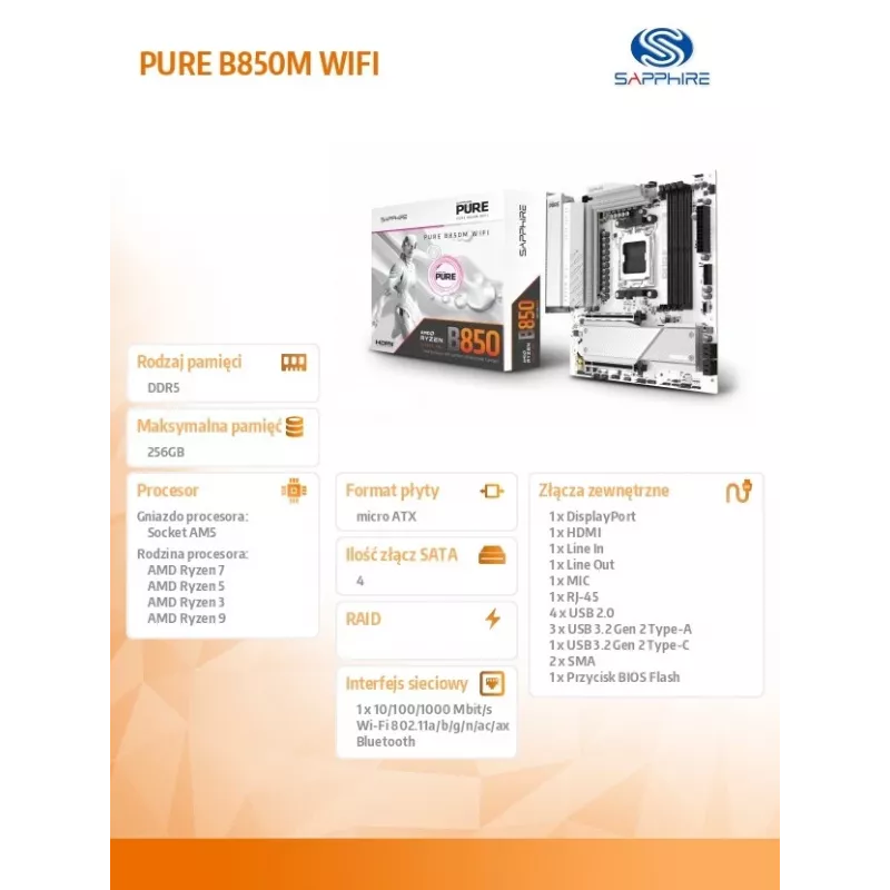 Placa base Sapphire PURE B850M WIFI Micro ATX — AMD B850, socket AM5, DDR5 hasta 8000 MHz, 4 DIMM, Wi‑Fi 6, 2,5 Gb LAN, 2× M.2, PCIe 5.0 x16