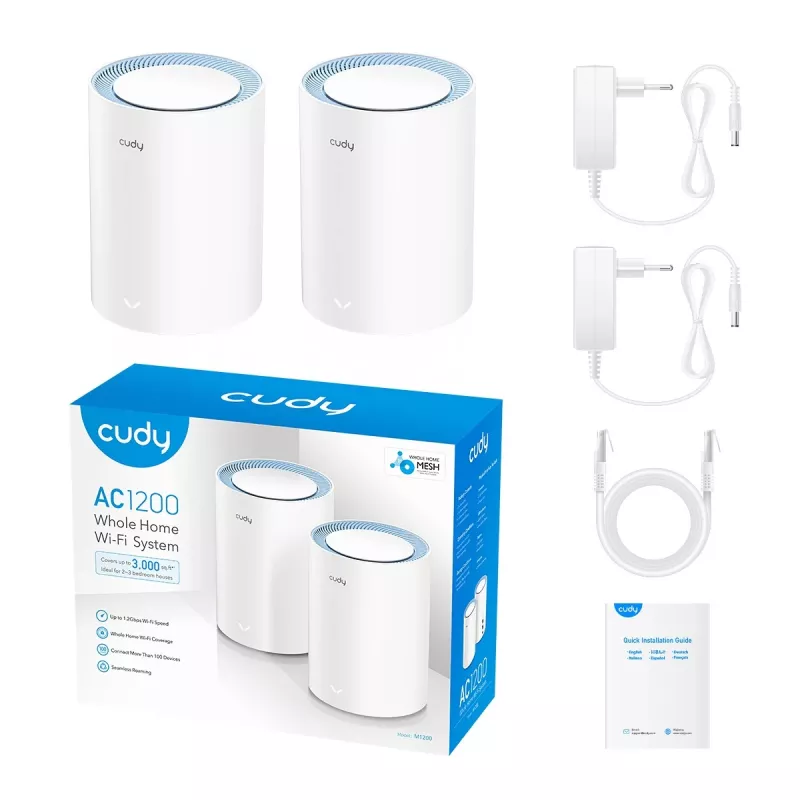 Sistema mesh Cudy M1200 pack de 2 – Wi-Fi 5 de doble banda (300/867 Mbit/s), 2 unidades, 1 puerto LAN, compatible con 100 dispositivos