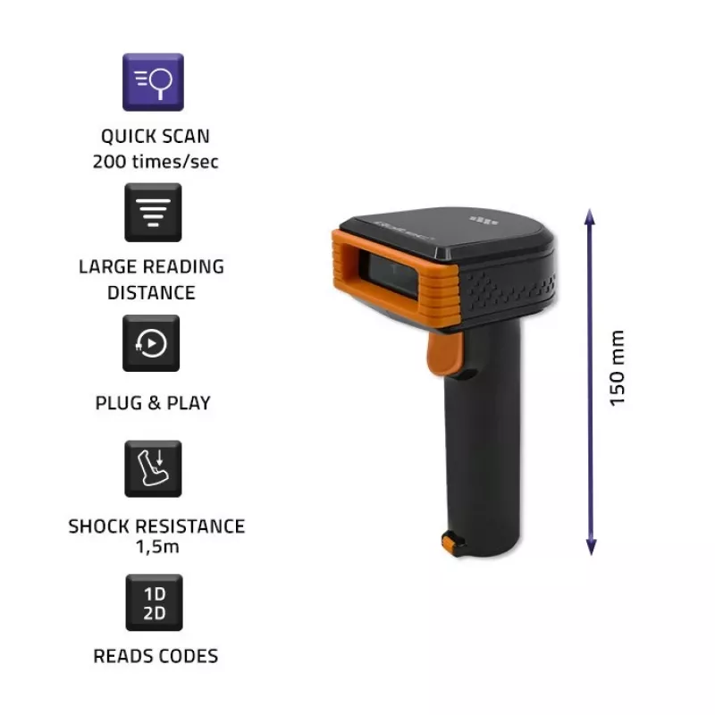 Lector de códigos de barras inalámbrico QOLTEC 50878 1D/2D con base de carga